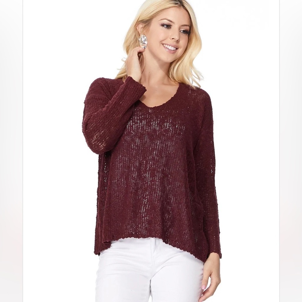Ye Mak Burgundy V-Neck Sweater Lightweight Pullover Summer Open Knit Sz Small